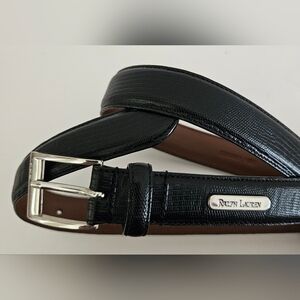 Vtg Ralph Lauren Black Leather Snakeskin Silver Buckle with Logo Sz L Women's